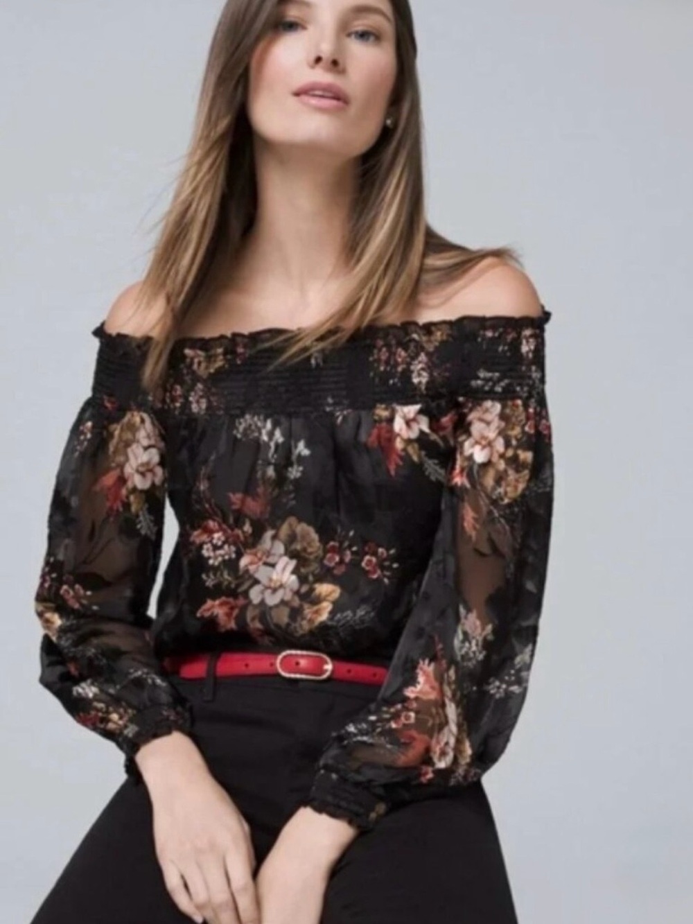 WHBM Black Floral Off-shoulder Blouse